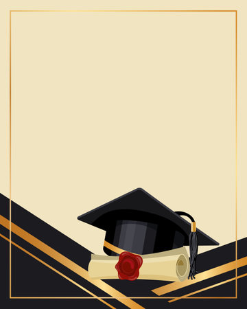 Background with graduation cap and papyrus certificate. Golden black design for graduation diploma, awards. Education concept.Vectorのイラスト素材