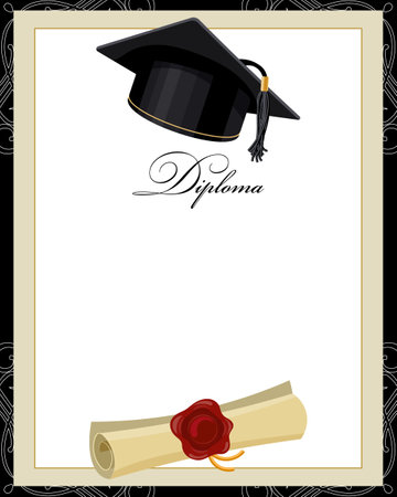 Background with graduation cap and papyrus certificate. Golden black design for graduation diploma, awards. Education concept.Vectorのイラスト素材