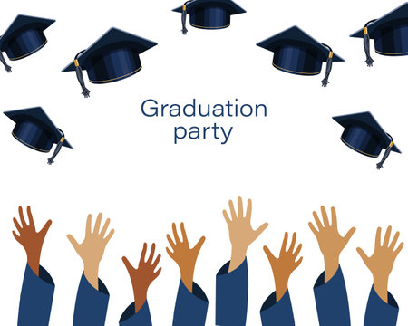 Graduation party banner with raised hands and graduation caps. Design for graduate diploma, awards. Education concept.Vectorのイラスト素材