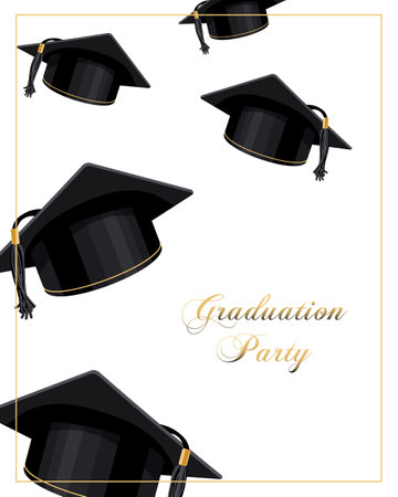 Graduation banner with flying graduation caps. Design for graduate diploma, awards. Education concept.Vectorのイラスト素材