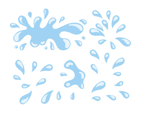 Set of blue water drops and splashes on a white background. Clipart set. vectorのイラスト素材