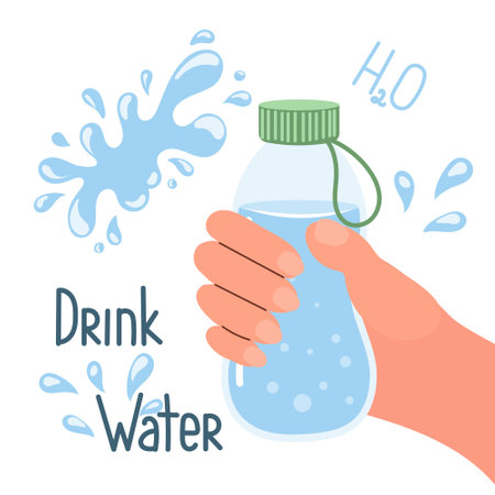 Drink more water, water bottle in hand. Health care concept. Flat style illustration, vectorのイラスト素材