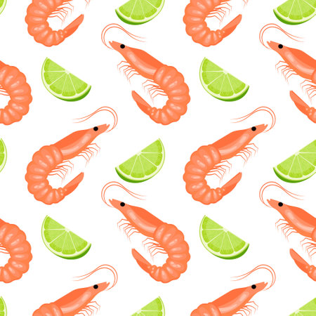 Seamless pattern with shrimps and limes on a white background. Background with seafood, vectorのイラスト素材