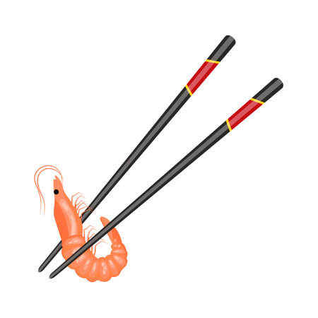 Boiled shrimp on wooden chopsticks. asian seafood. food illustration, vectorのイラスト素材