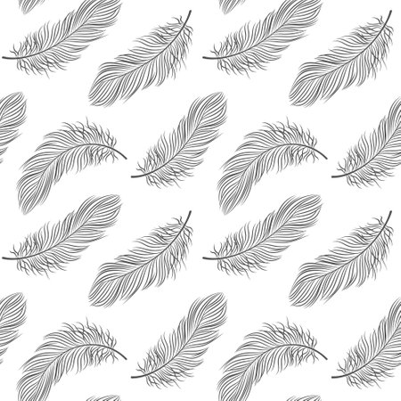 Seamless pattern with delicate gray feathers on a white background. background, textile, vectorのイラスト素材