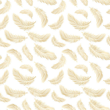 Seamless pattern with delicate golden feathers on a white background. background, textile, vectorのイラスト素材