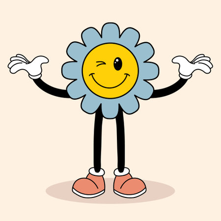 Cute funky hippie flower. Retro 70s atmosphere, psychedelic groove element. Illustration in cartoon style, vectorのイラスト素材