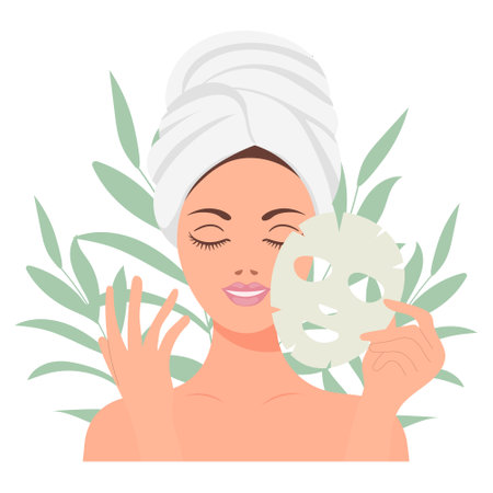 Facial skin care. A woman takes care of her skin. Cosmetic masks, patches, cream, lotion, soap, face scrub. illustration, vectorのイラスト素材