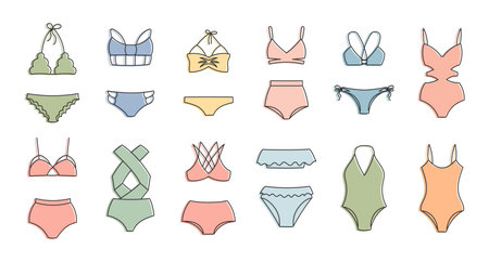 Set of hand-drawn women's bikini swimwear on a white background. Women's clothing icons, sketch, vectorのイラスト素材