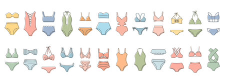 Set of line drawings of women's bikini swimwear on a white background. Women's clothing icons, sketch, vectorのイラスト素材
