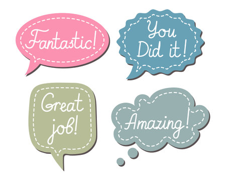 Set of various stickers, speech clouds Job and Great job. School award, encouragement stamp. Student icons in cartoon style, stickers, vectorのイラスト素材