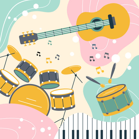 Musical instruments on a colored background in boho style. Pastel colors. Background, poster, print, vectorのイラスト素材
