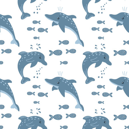 Seamless pattern with dolphins and fish on a white background. Background with cartoon sea animals. baby print vectorのイラスト素材