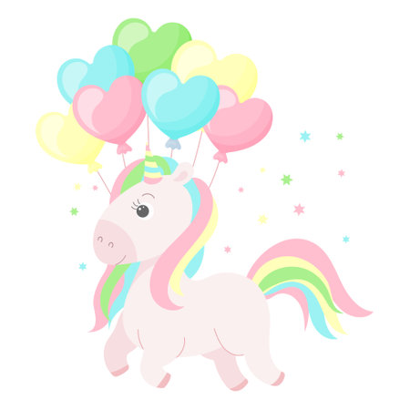 A cute unicorn with a rainbow mane and tail with heart balloons. Children's magic illustration, postcard, vectorのイラスト素材
