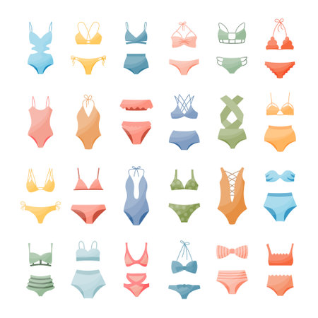 Set of women's bikini swimwear, swimsuits on a white background. Women's clothing icons, vectorのイラスト素材