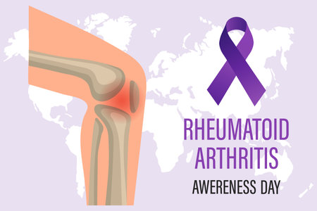 Rheumatoid Arthritis Awareness Day banner, 2 February. A purple ribbon and a man's knee joint. Medical concept. poster, bannerのイラスト素材