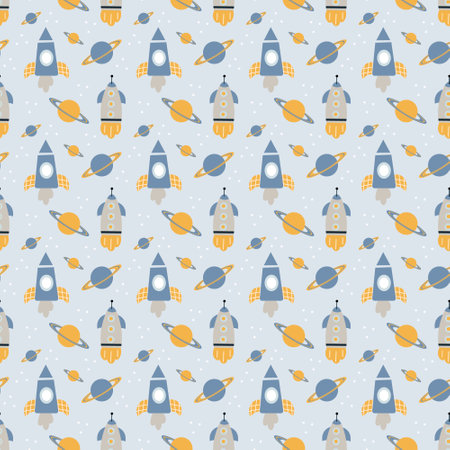 Seamless pattern, cartoon rockets and planets in doodle style. Baby print, textile, wallpaper, vectorのイラスト素材