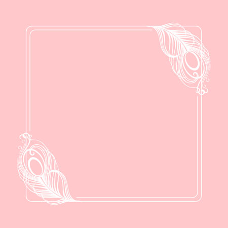 White luxury frame with peacock bird feathers on a pink background. Design for invitations, cards, vectorのイラスト素材