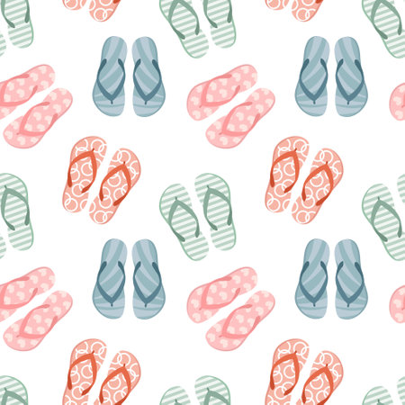 Seamless pattern with colorful flip flops, summer slippers on a white background. Pool shoes background, print, vectorのイラスト素材