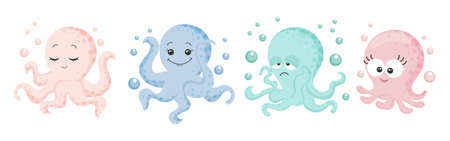 Set of cute cartoon octopus characters. Pastel colors. Design for children's postcard, print, vectorのイラスト素材