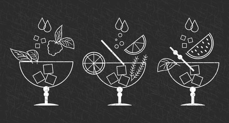 Set of white grunge drawings of refreshing cocktails with ice cubes, straws and umbrellas on a dark background. Drink icons, cafe menu, vectorのイラスト素材