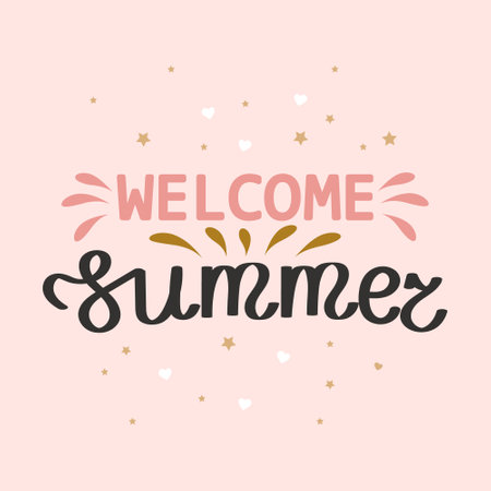 Welcome summer. Calligraphic inscription, quote, phrase. Greeting card, poster, typographic design, hand drawn inscription. festive brush letteringのイラスト素材