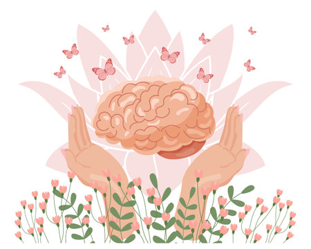 Mental health Hands holding a brain with flowers and butterflies. Healthy mental state, self-love, self-care, self-acceptance. illustration, vectorのイラスト素材
