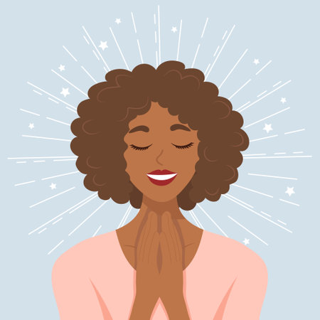 Mental health Healthy mental state, self-love, self-care, self-acceptance. Happy woman with stars. illustration, vectorのイラスト素材