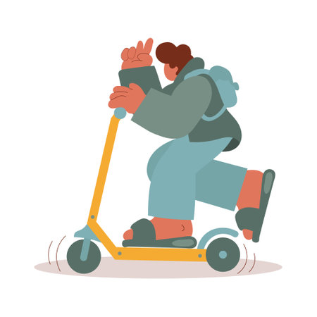 A young man on an electric scooter. Cartoon trend illustration, vectorのイラスト素材