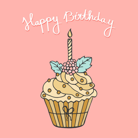 Happy birthday lettering and hand drawn cupcake. Greeting card, poster, typographic design, print....