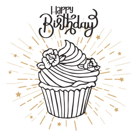 Happy birthday lettering and hand drawn cupcake. Greeting card, poster, typographic design, print. illustration, vectorのイラスト素材