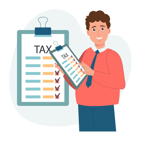 Tax declaration illustration. Character male preparing documents for tax calculation, making income tax return and calculating business invoices. Taxation concept. Vector.のイラスト素材