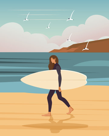 Surfer girl on the seashore with a surfboard against the backdrop of a seascape. Active recreation concept, poster, vectorのイラスト素材