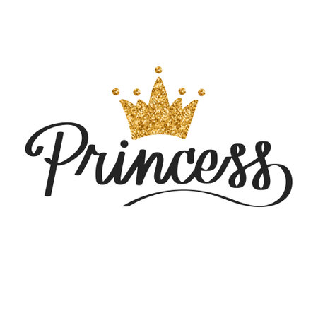 Princess lettering with gold glitter crown. Calligraphic inscription, quote, handwritten inscription. Children's holiday print, vectorのイラスト素材