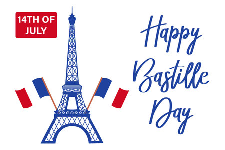 Happy Bastille Day. French National Day poster. Eiffel Tower and lettering. illustration, vectorのイラスト素材