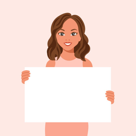 Woman with a joyful expression holding a blank banner in her hands. Emotions and gestures. Flat style illustration, vectorのイラスト素材