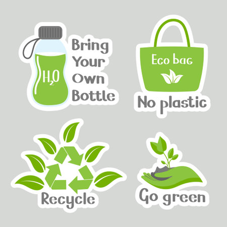 Set of environmental awareness stickers with slogan. Flat design eco concepts collection. icons, vectorのイラスト素材
