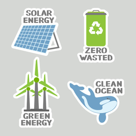 Set of environmental awareness stickers with slogan. Collection of flat design eco concepts. icons, vectorのイラスト素材