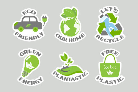 Set of environmental awareness stickers with slogan. Flat design eco concepts collection. icons, vectorのイラスト素材