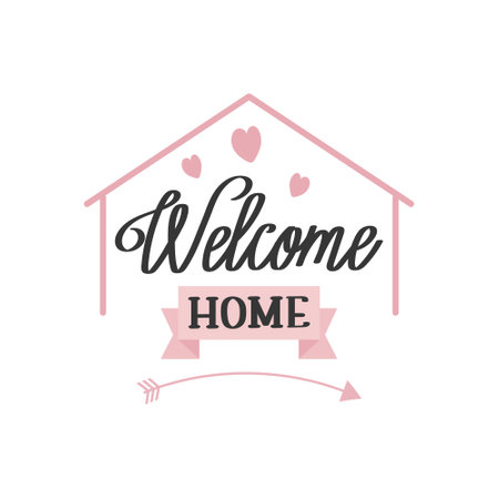 Welcome home, lettering with hearts. Calligraphic inscription, slogan, quote, phrase. Inspirational card, poster, typographic designのイラスト素材