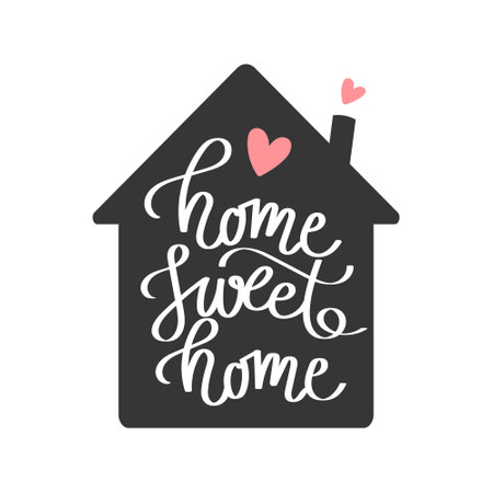 Home sweet home lettering in the shape of a home. Calligraphic inscription, slogan, quote, phrase. Inspirational card, poster, typographic designのイラスト素材