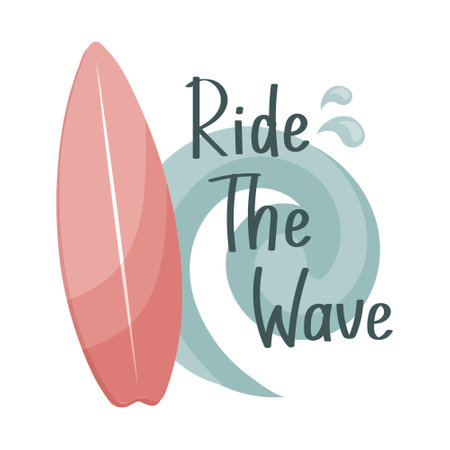 Surfboard and the inscription Ride the wave. Summer illustration, logo, t-shirt print, vectorのイラスト素材