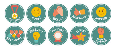 Collection of motivational stickers for great work. Stickers, badges, icons. flat style, vectorのイラスト素材