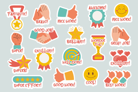 Collection of motivational stickers for great work. Stickers, badges, icons. flat style, vectorのイラスト素材