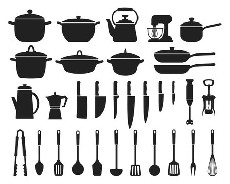 Big set of kitchen utensils, silhouette. Pots, frying pans, ladle, kettle, coffee maker, mixer, blender, knives. icons, vectorのイラスト素材