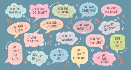 Set of inspirational speech bubbles with compliments, quotes about love for yourself and others. cartoon icons, stickers, vectorのイラスト素材