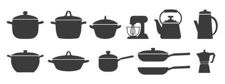 Big set of kitchen utensils, silhouette. Pots, pans, ladle, kettle, coffee maker, mixer, blender. icons, vectorのイラスト素材