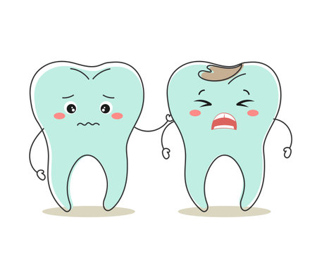 Healthy and unhealthy teeth kawaii characters, cute cartoon characters. Dental care. illustration, icon, vectorのイラスト素材