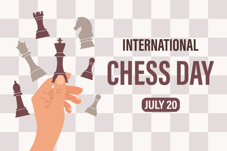 International Chess Day. July 20. The hand holds chess pieces. Festive banner, illustration, vectorのイラスト素材