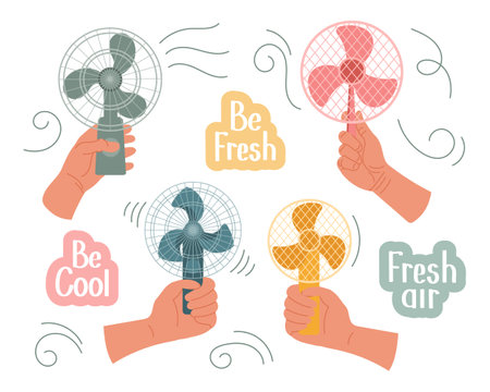 Hands with hand fans in flat style. Modern electric fans of different types and inscriptions. icons, vectorのイラスト素材